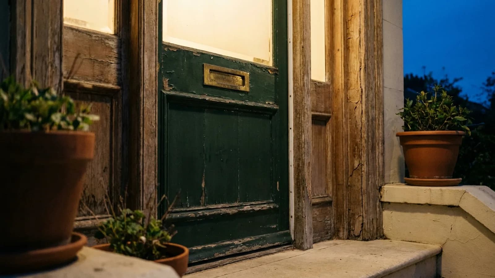A close view of a front door with a brass mail slot and a weathered doorframe